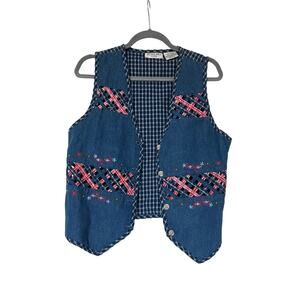 Vintage Denim Vest Embroidered Cottage Core Victoria Jones 100% Cotton